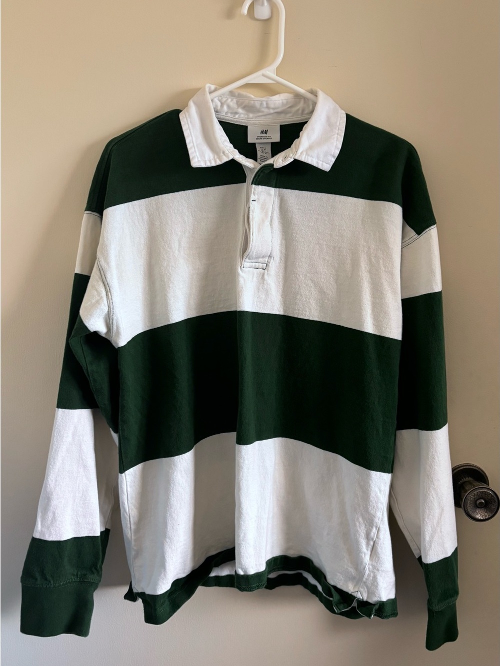 H&M Men's Dark Green & White Rugby Shirt / Striped Polo